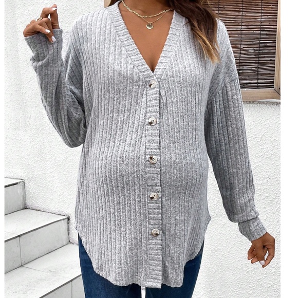 Maternity Soft Knit Button down loose Fit Long sleeve Top - Picture 7 of 7